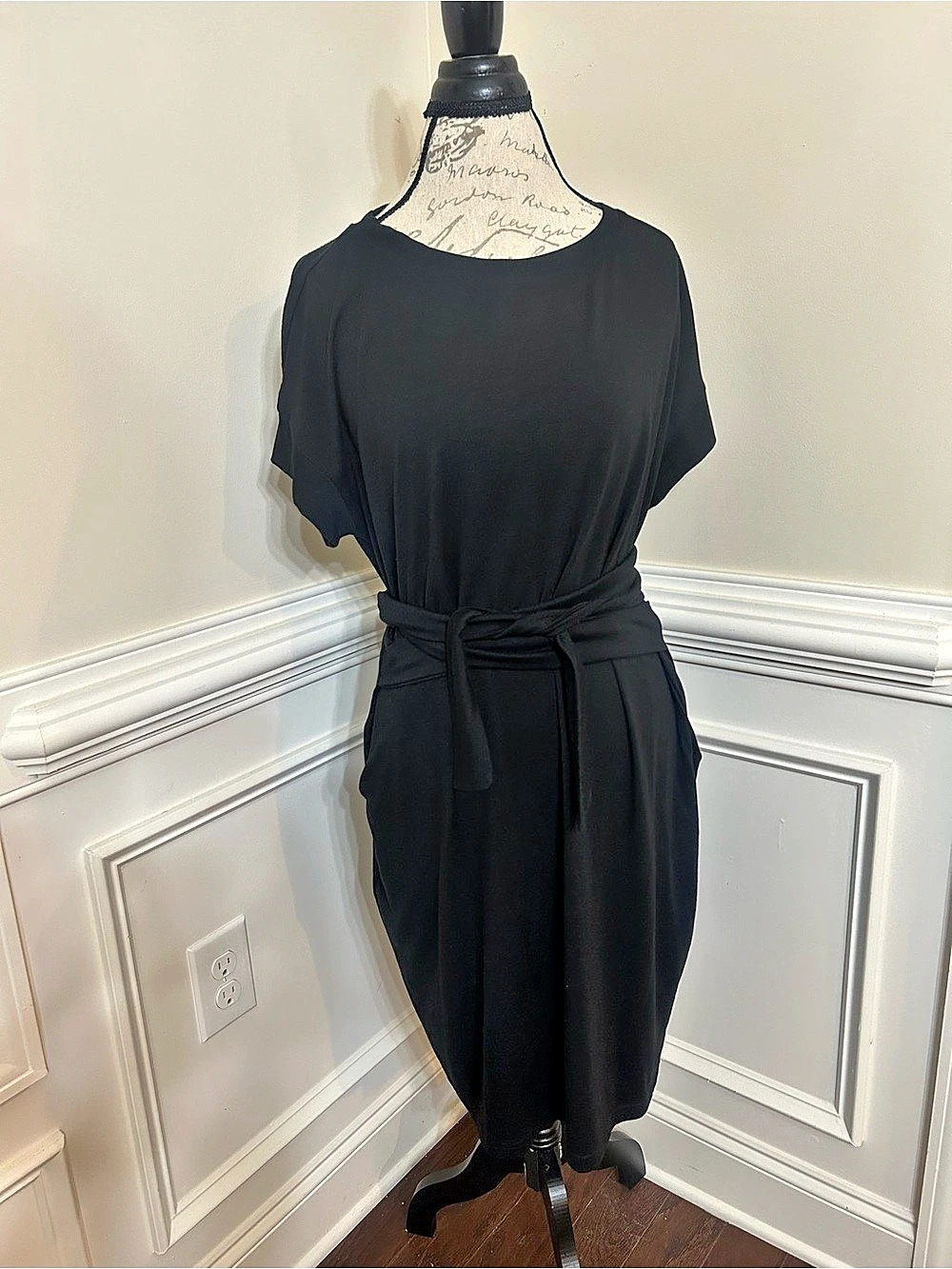 Merokeety Black Cotton Midi Dress with Tie Waist